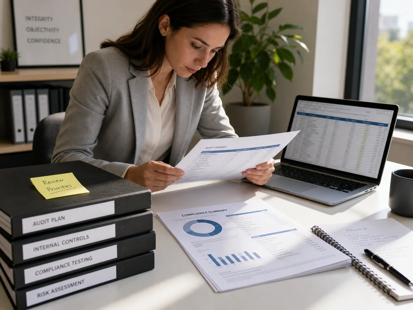 Audit records and financial ledgers being reviewed on an executive desk